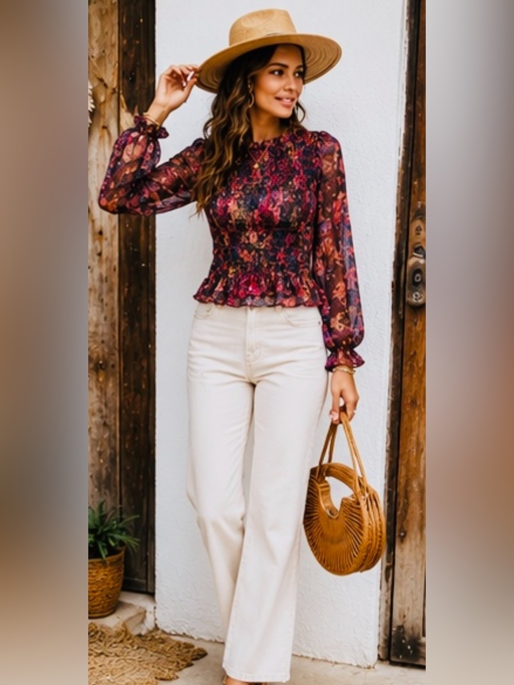 Natural Life Smocked Floral Boho Top Medium NWT Sheer Festival Blouse